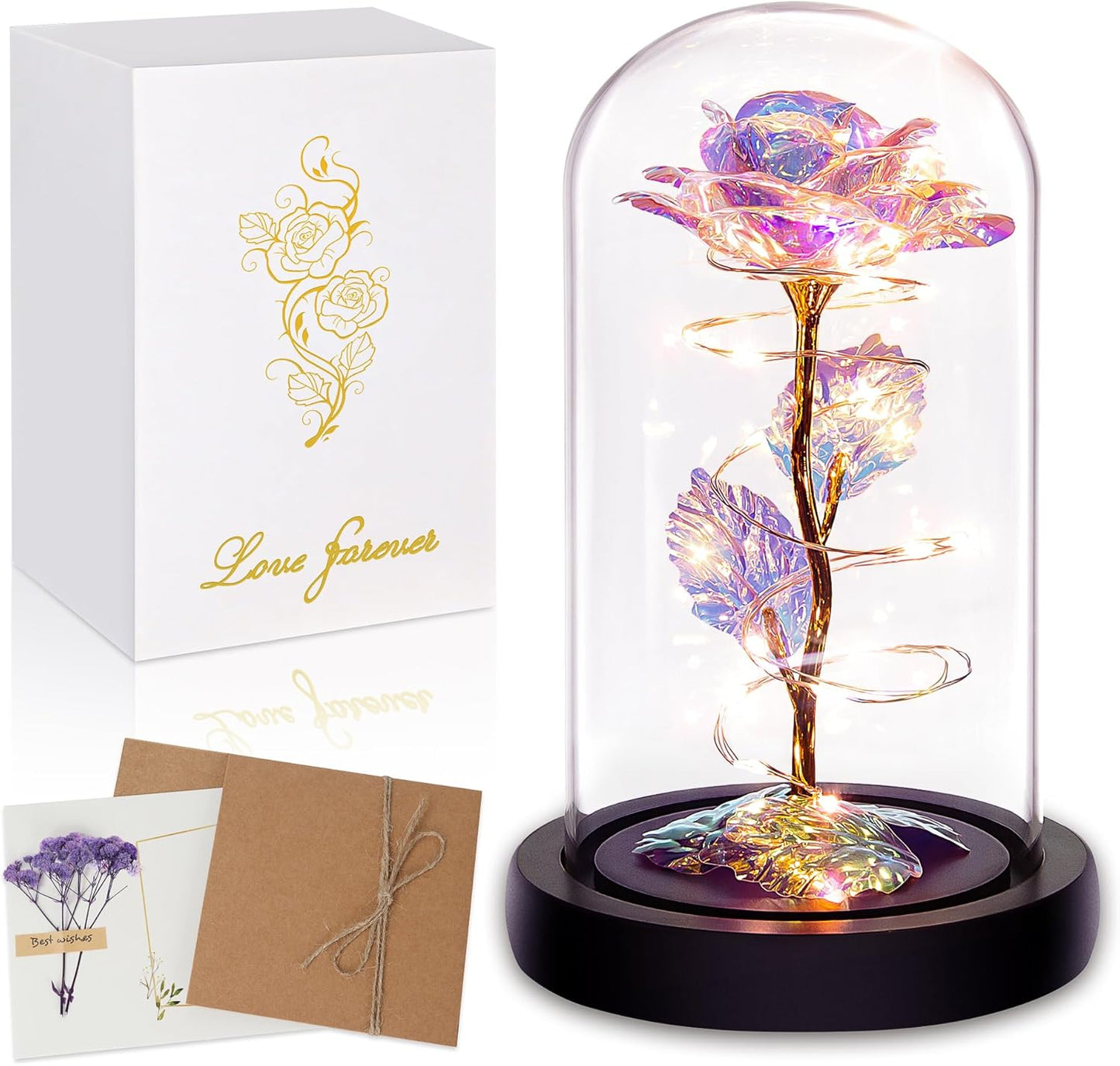 Birthday Gifts for Women,Christmas Flowers Gifts for Her,Women,Mom,Wife,Grandma,Light up Rose in Glass Dome,Colorful Rainbow Flowers for Christmas,Anniversary,Valentines,Birthday