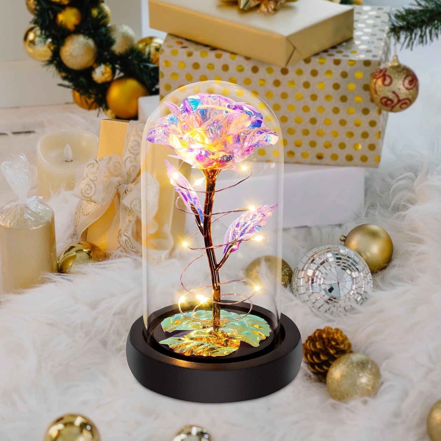 Birthday Gifts for Women,Christmas Flowers Gifts for Her,Women,Mom,Wife,Grandma,Light up Rose in Glass Dome,Colorful Rainbow Flowers for Christmas,Anniversary,Valentines,Birthday