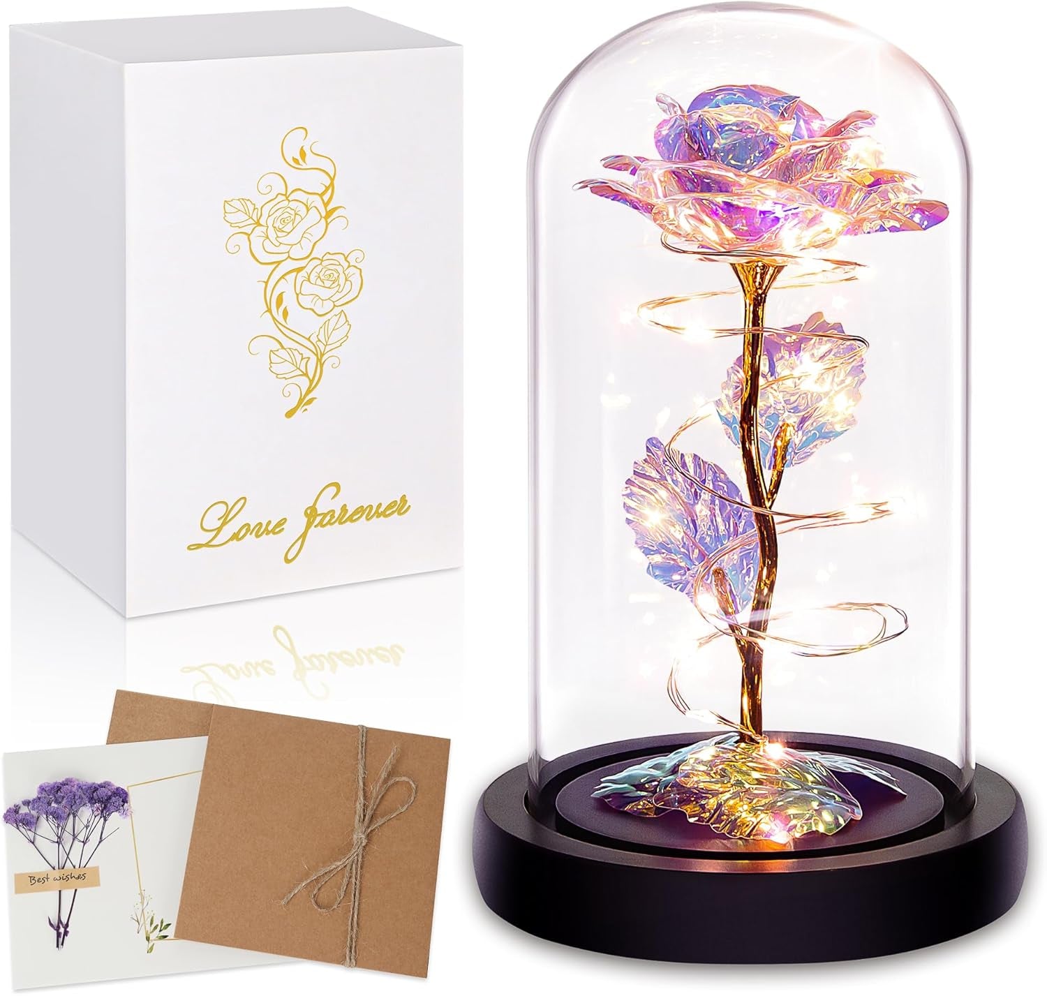 Birthday Gifts for Women,Christmas Flowers Gifts for Her,Women,Mom,Wife,Grandma,Light up Rose in Glass Dome,Colorful Rainbow Flowers for Christmas,Anniversary,Valentines,Birthday